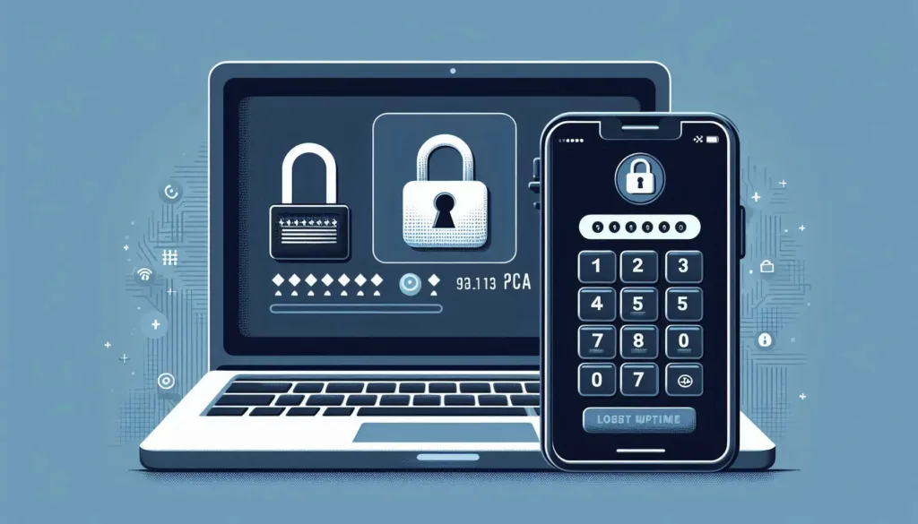 A screenshot or illustration of a two-factor authentication (2FA) process, showing a password entry followed by a code sent to a phone.