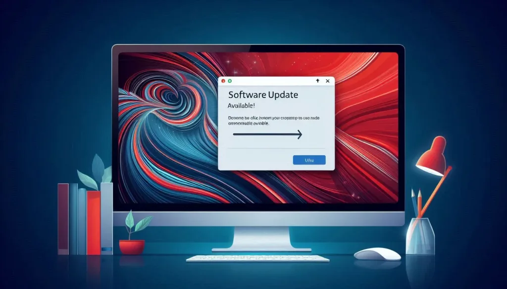 A computer screen with a notification about a software update available.