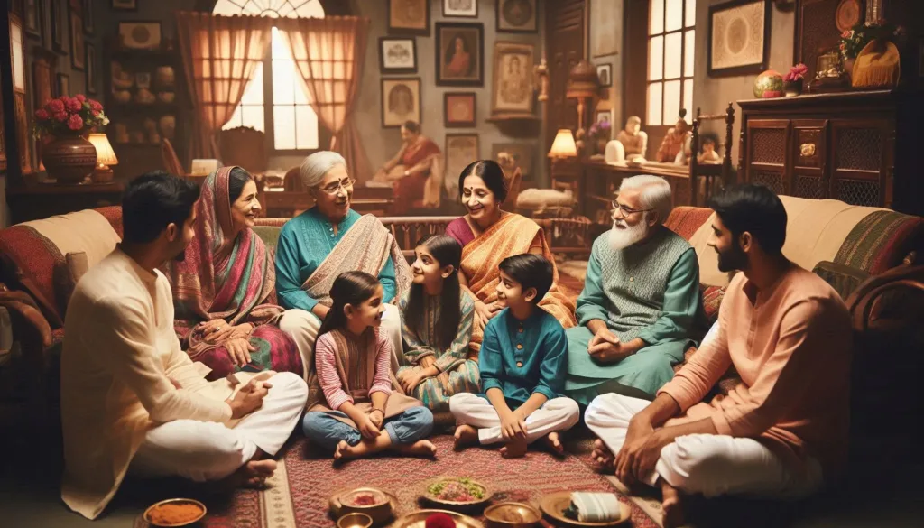 संयुक्त भारतीय परिवार पारंपरिक घर में साथ बैठा हुआ: भारतीय संस्कृति और परंपराएं