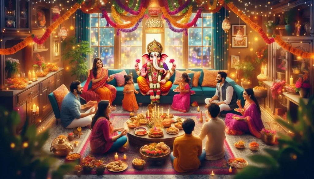 गणेश चतुर्थी का उत्सव मनाते हुए भारतीय परिवार: भारतीय संस्कृति और परंपराएं