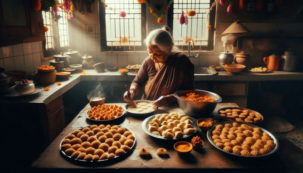 दीवाली के लिए गुझिया बनाती हुई बुज़ुर्ग महिला: भारतीय संस्कृति और परंपराएं