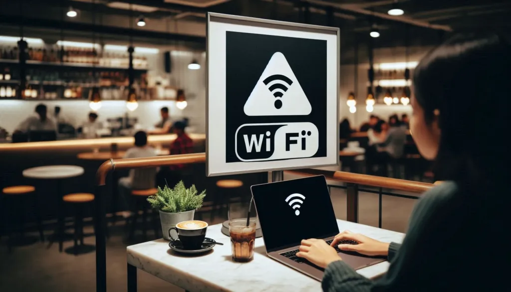 A public Wi-Fi sign at a café or public space with a cautionary symbol.