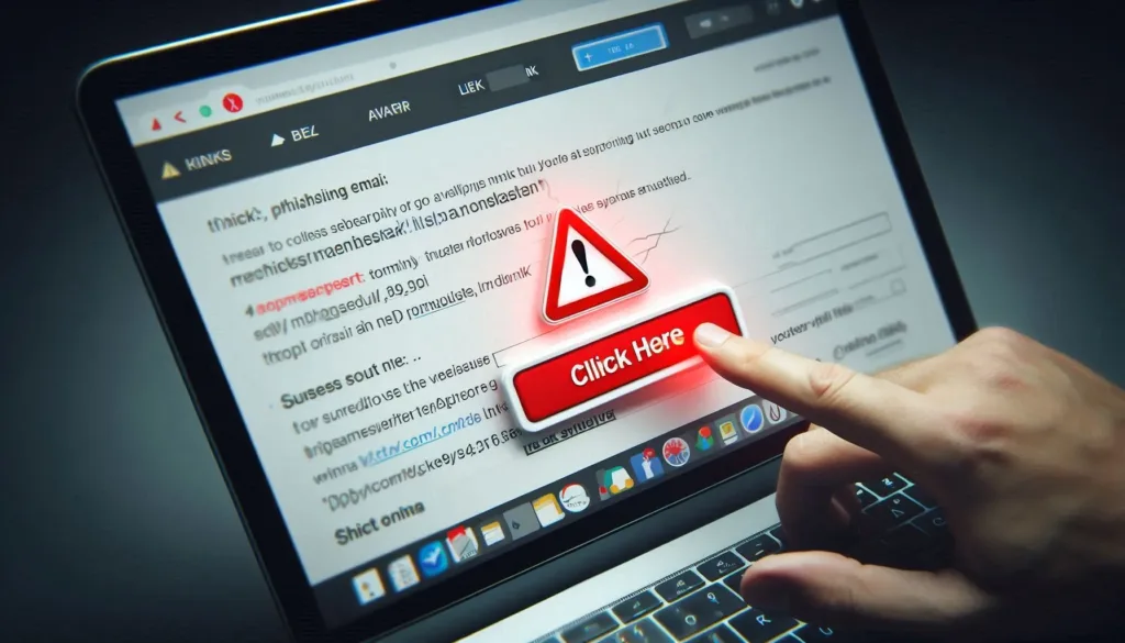 A mock phishing email with a suspicious link highlighted.