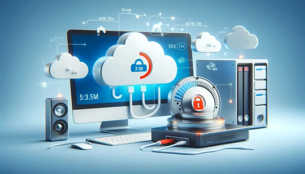 A cloud storage icon or an external hard drive with files being backed up.