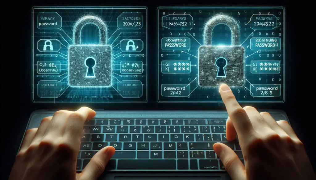 A graphic showing a strong password being created with a combination of letters, numbers, and symbols